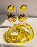 Gold Textured Disc Drop Earrings with Yellow Resin Accent