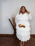 Plus size white organza tiered dress with long sleeves front full view from Lysaire boutique