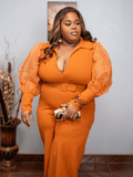Long Rust Sheer Puff Arm Jumpsuit