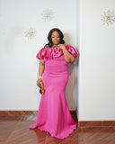 Elegant off shoulder pink gown styled with gold accessories