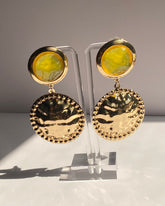 Gold Textured Disc Drop Earrings with Yellow Resin Accent