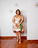 Talia plus size tropical dress styled with gold heels