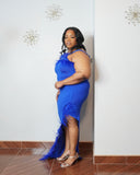 Curvy woman modeling elegant royal blue bodycon dress with feather trim neckline