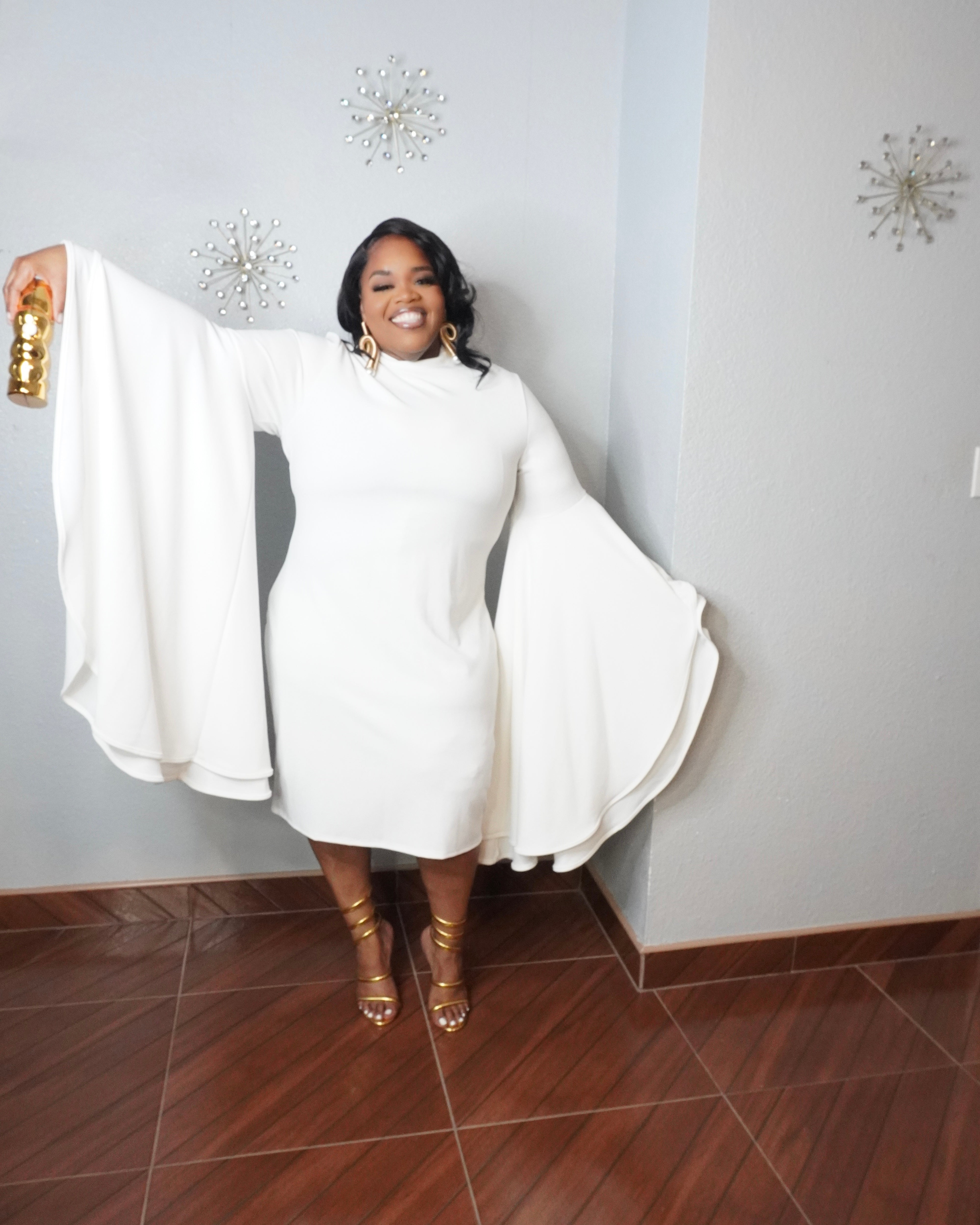 Plus size luxury midi dress with draped sleeves