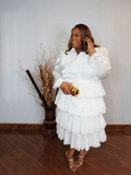 Plus size white organza tiered dress with long sleeves front view from Lysaire boutique