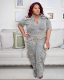 Plus size cargo denim jumpsuit front view with wide leg fit from Lysaire boutique