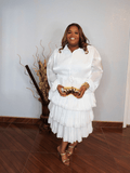 Plus size white organza tiered dress with long sleeves from Lysaire boutique