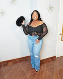 Plus size black sheer mesh off shoulder corset top with jeans front view