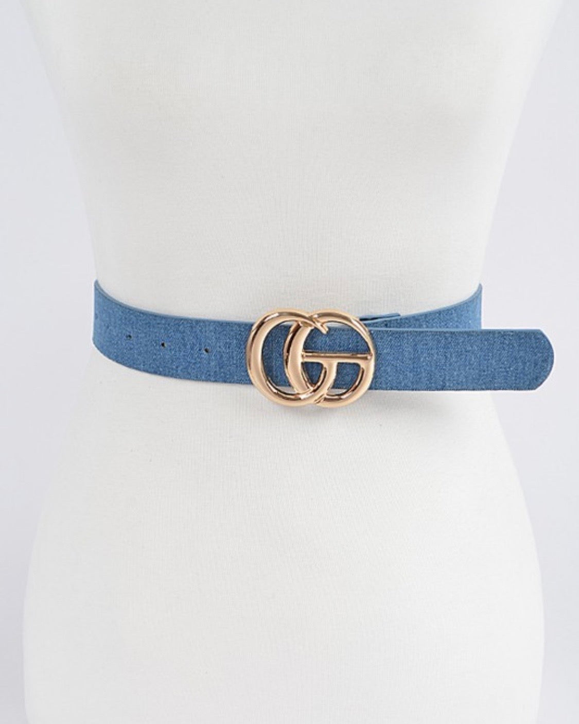 Plus size denim blue belt with gold double circle buckle