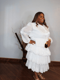 Plus size white organza tiered dress with long sleeves side view from Lysaire boutique
