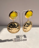 Gold Textured Disc Drop Earrings with Yellow Resin Accent