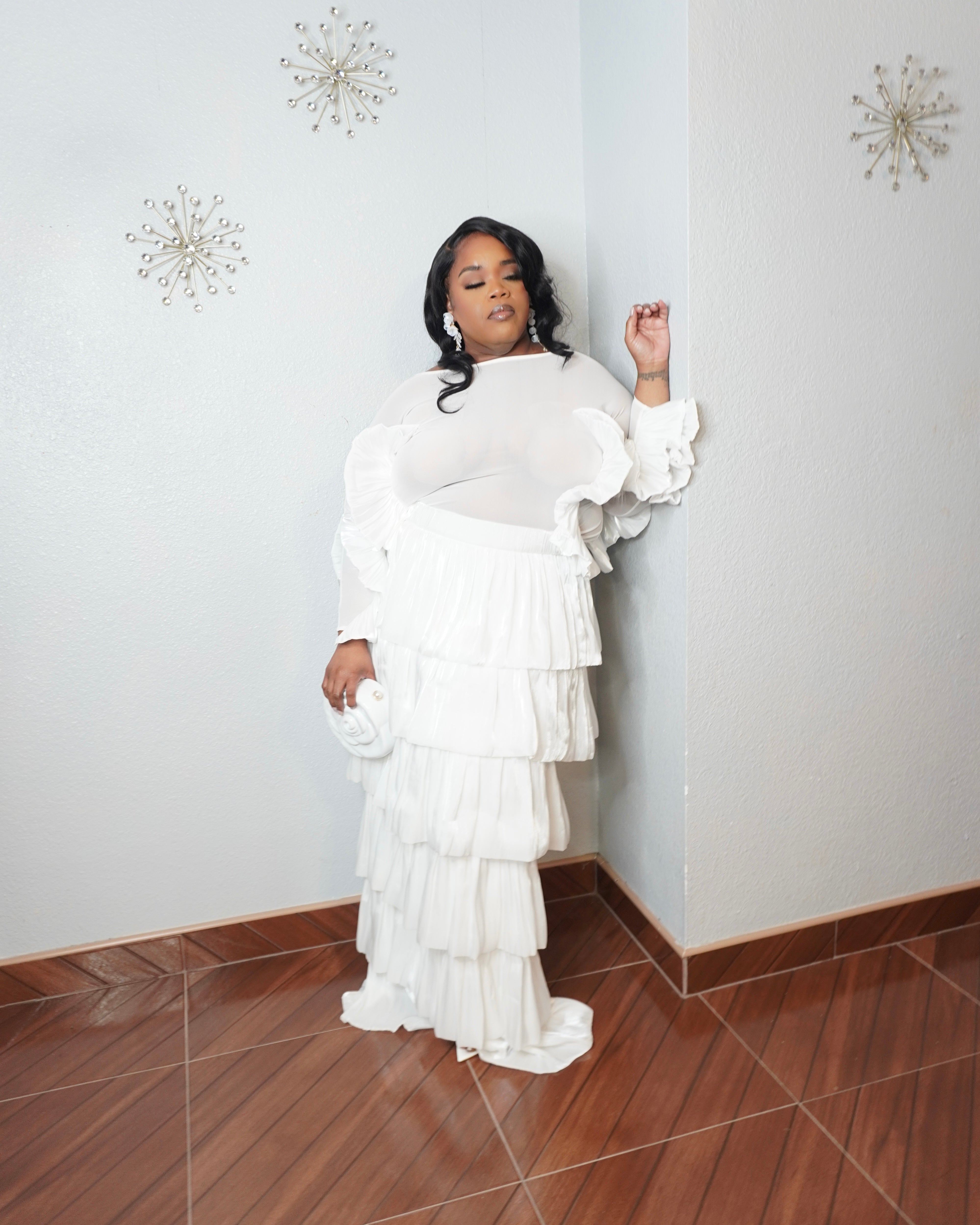 Plus size white 3D ruffle mesh top