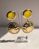 Gold Textured Disc Drop Earrings with Yellow Resin Accent