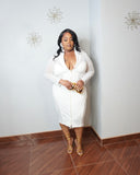 Plus size white bodycon midi dress with illusion mesh details