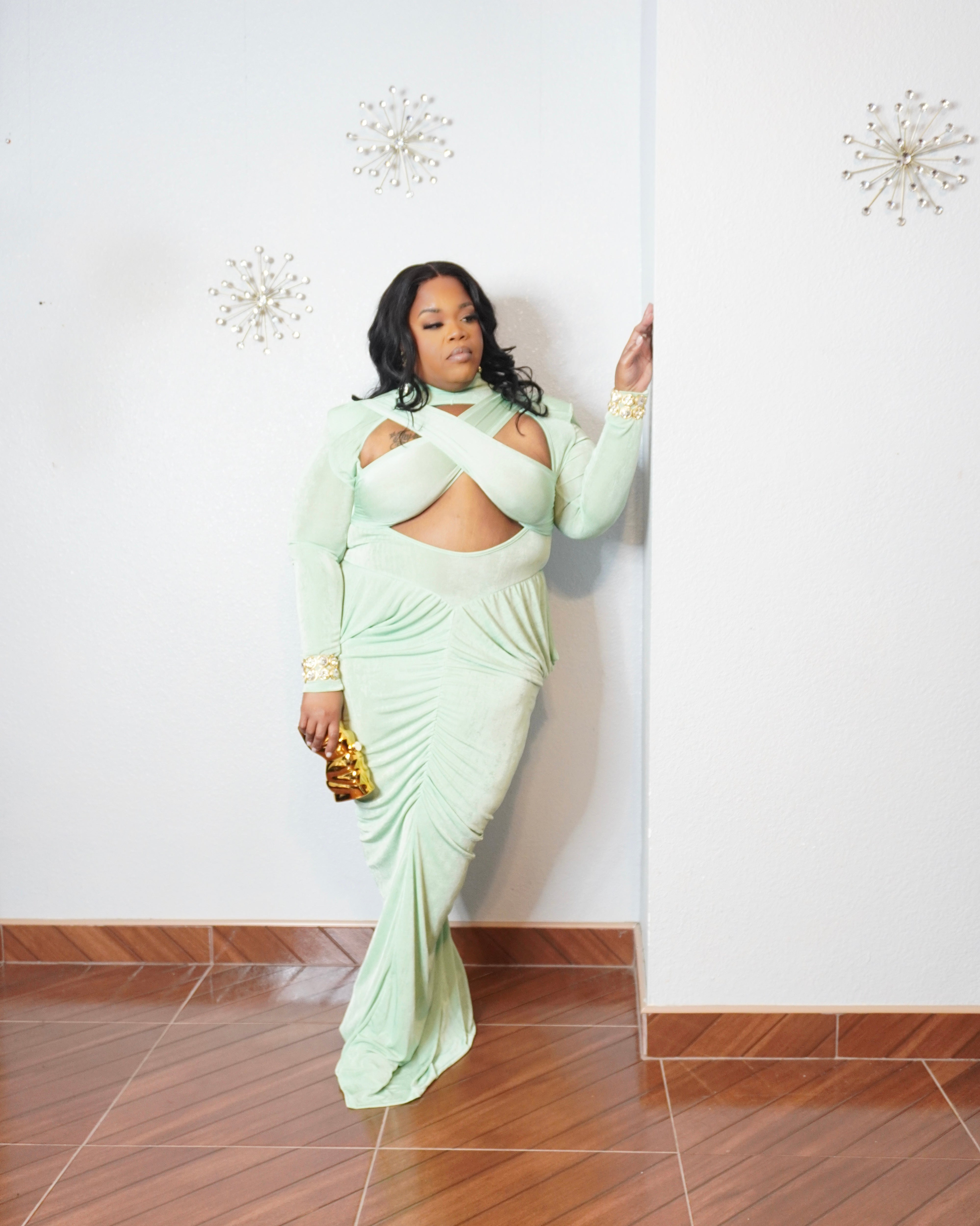 Plus size sage green cutout maxi dress with long sleeves
