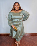 Plus size olive off shoulder pant set with wide leg pants and elastic waist styled with heels