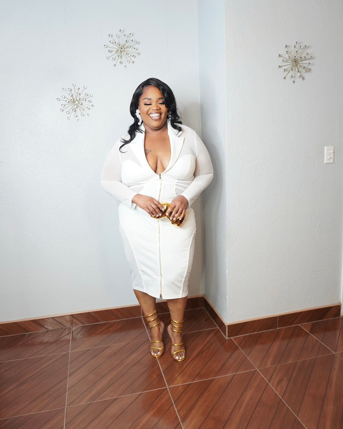 Plus size sexy white zip front dress