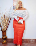 Plus size red fringe maxi skirt styled with lace top and heels front view