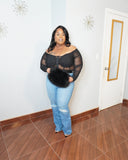 Front view of plus size off shoulder sheer top showing structured bodice