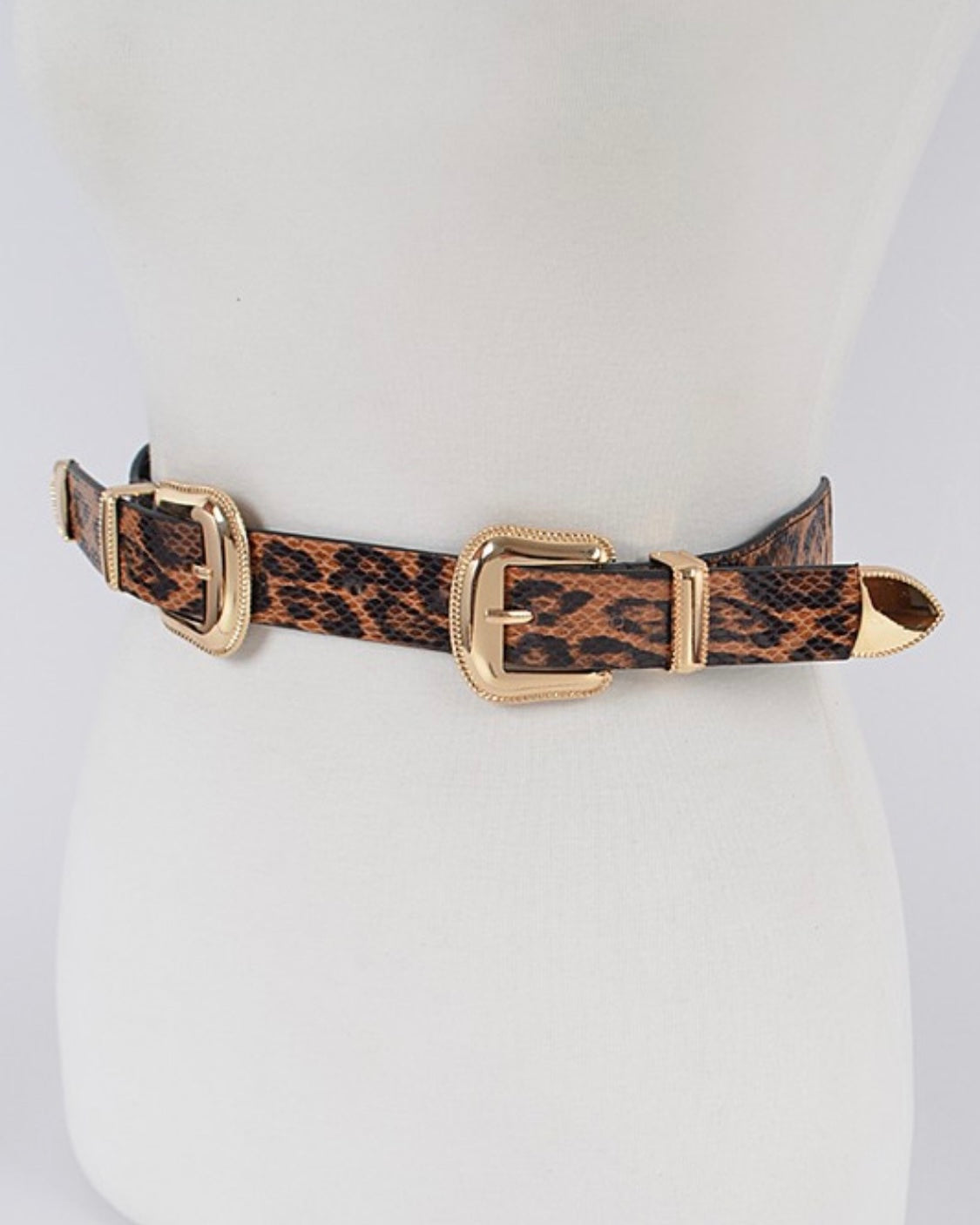 Plus size leopard print belt with double gold buckles