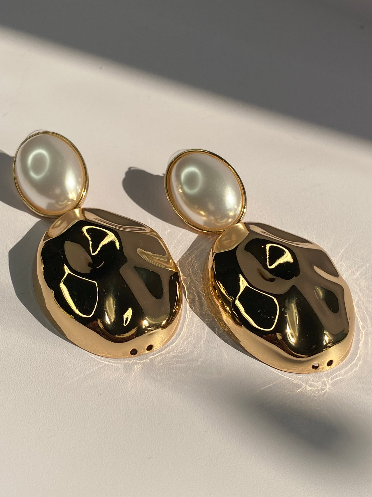 Gold Textured Pearl Hang Earrings