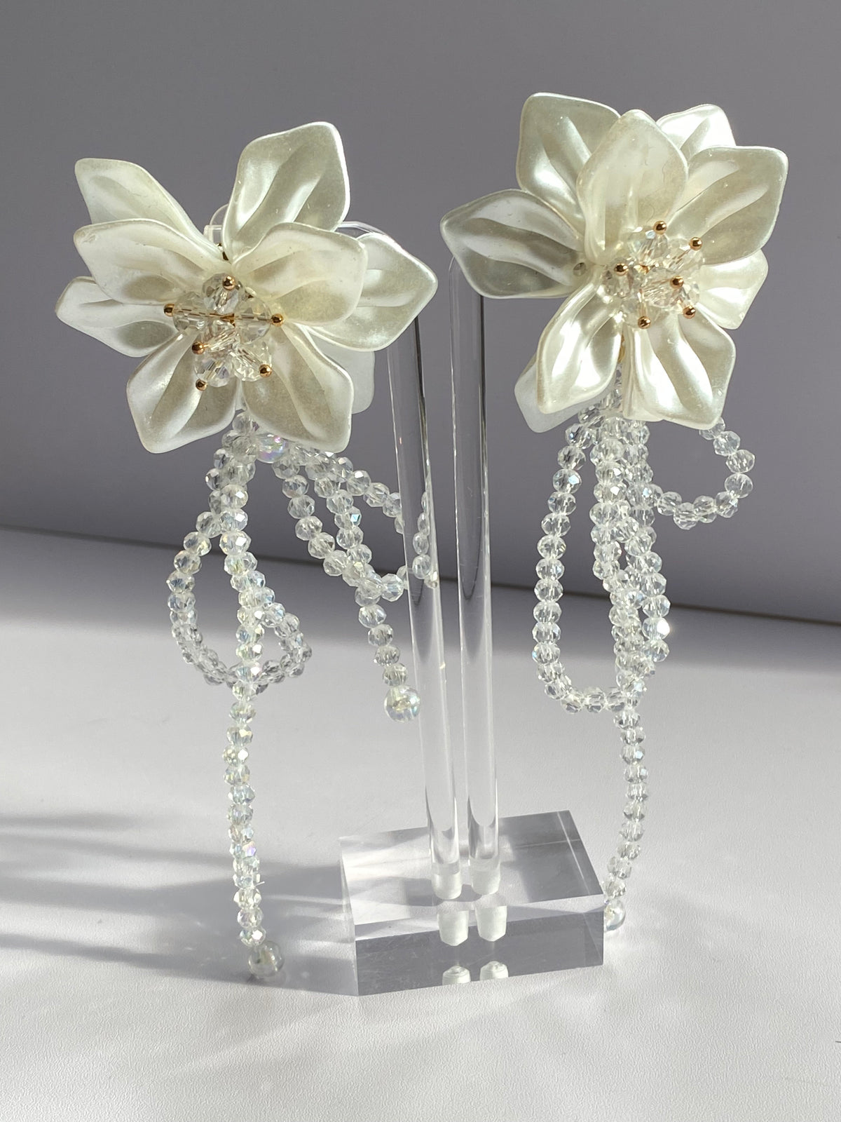 Cream Flower Long Earrings