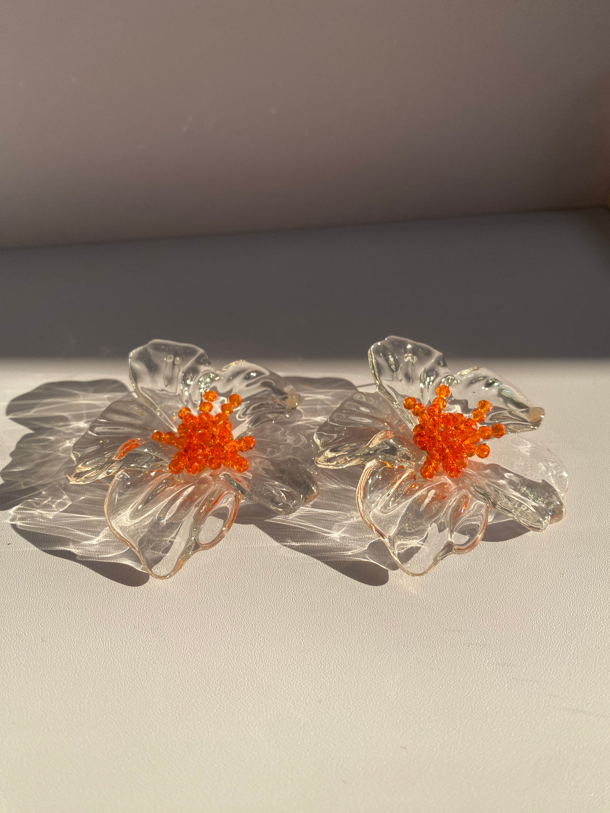 Clear and Orange Flower Earrings